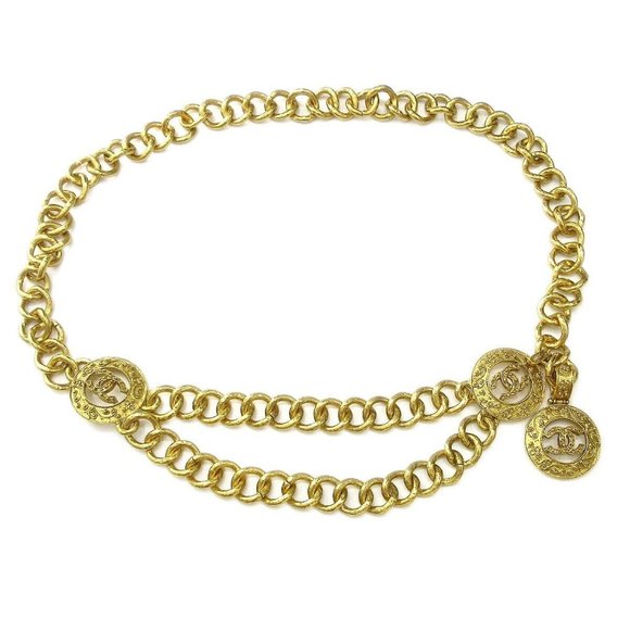 Auth CHANEL CC Logos Medallion Charm Gold Chain Belt 94A Accessories - Picture 1 of 5